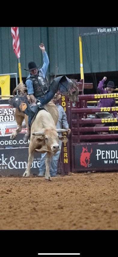 Ernie Courson Jr. is riding a bull named Secret Squirrel from 5 Star Rodeo Company. This was an 86 point winning ride.